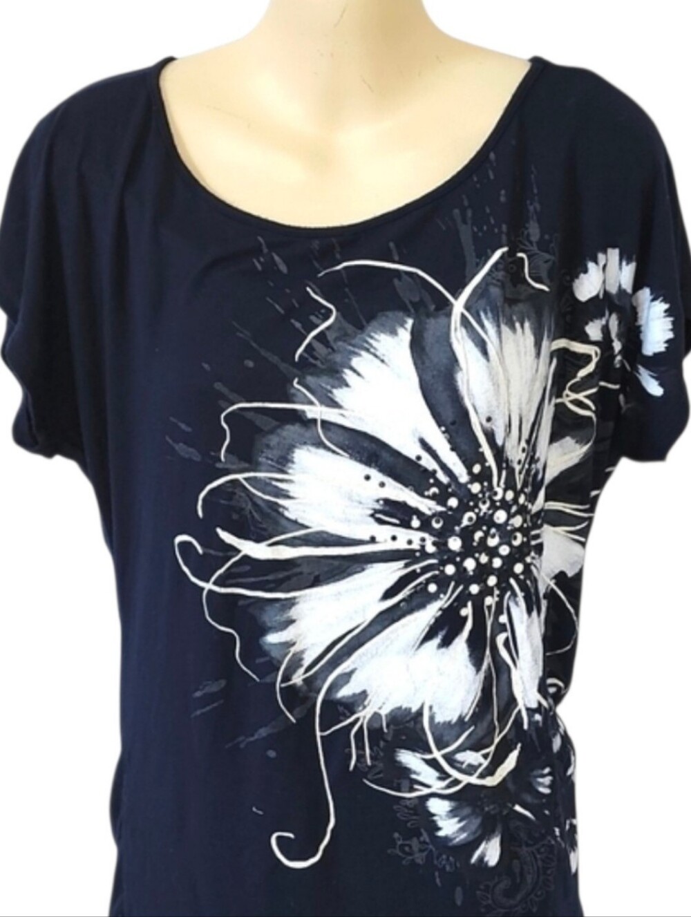 Navy Blue Rhinestone Daisy Shirt  Large